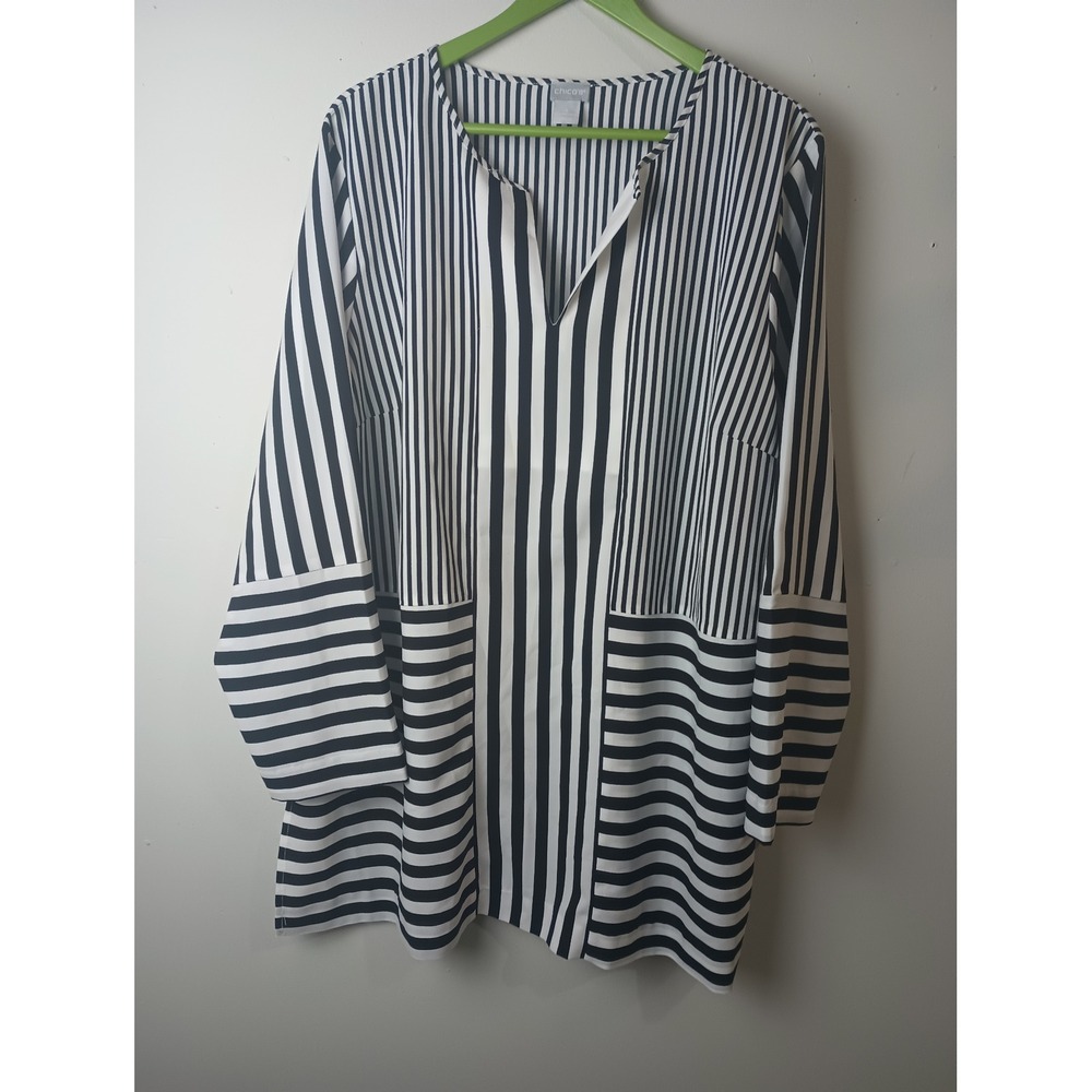 Chicos Black White Mixed Stripe Tunic Top Split V-Neck Blouse Size 4 US 20/22